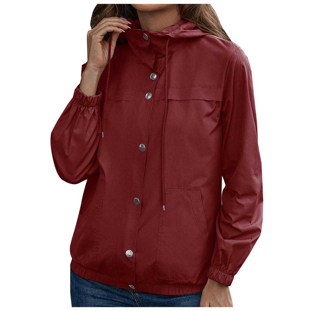Women's Fashion-Simple Solid Color Outdoor Sports Single-breasted Pocket Windproof And Rainproof Hooded Windbreaker Pocket  Jacket
