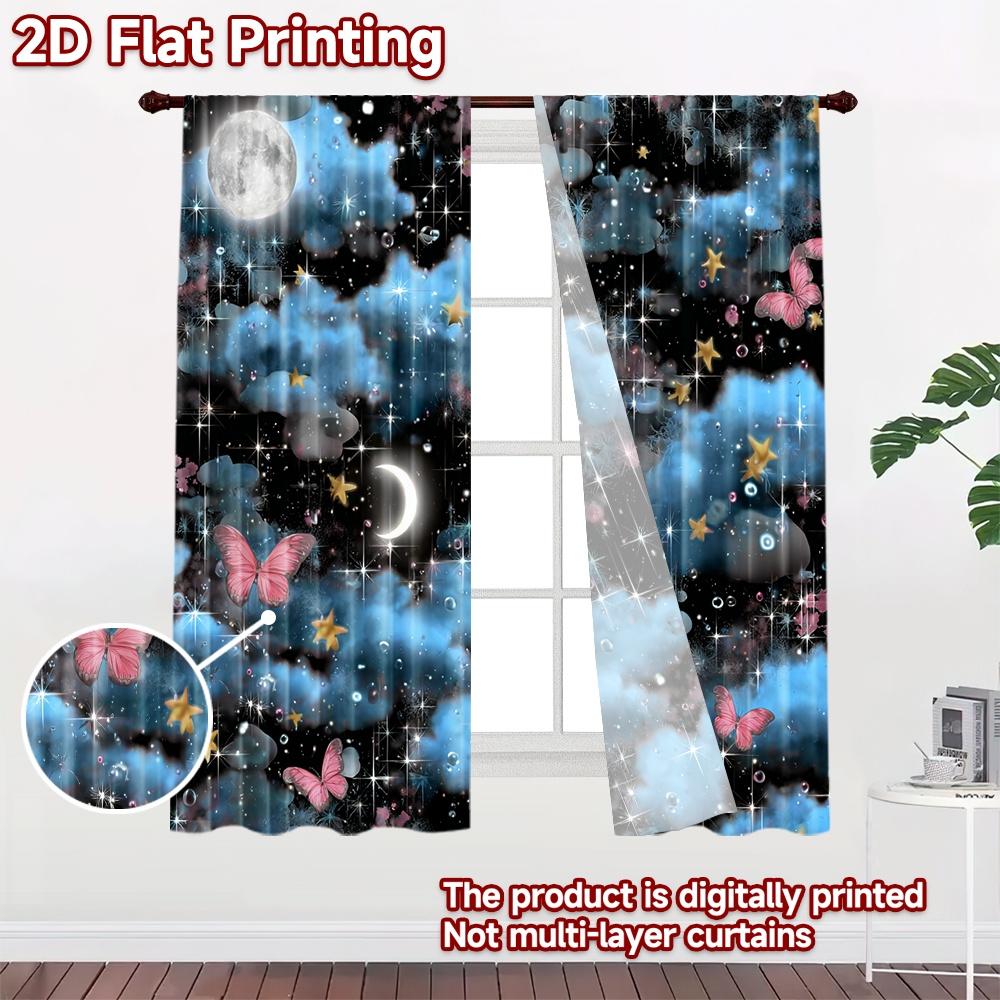 2D flat printing 2pcs Curtain Party Curtain Night Sky with Butterflies Digital Printed Polyester Drapes Festive Wall Decor Use