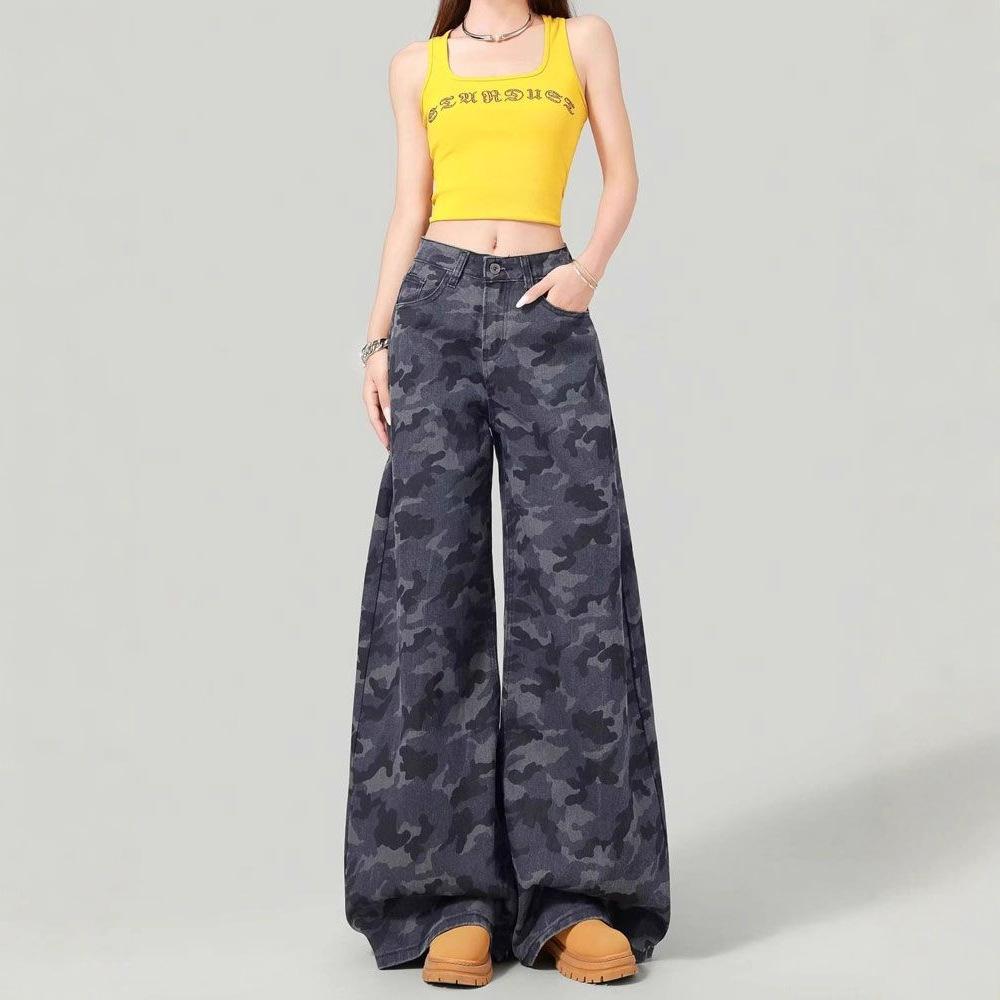 Comfortable Work Trousers Women's Models Camouflage Jeans Women's Loose High-waisted Small People Straight Draped Wide-leg Trousers Long Denim Pants