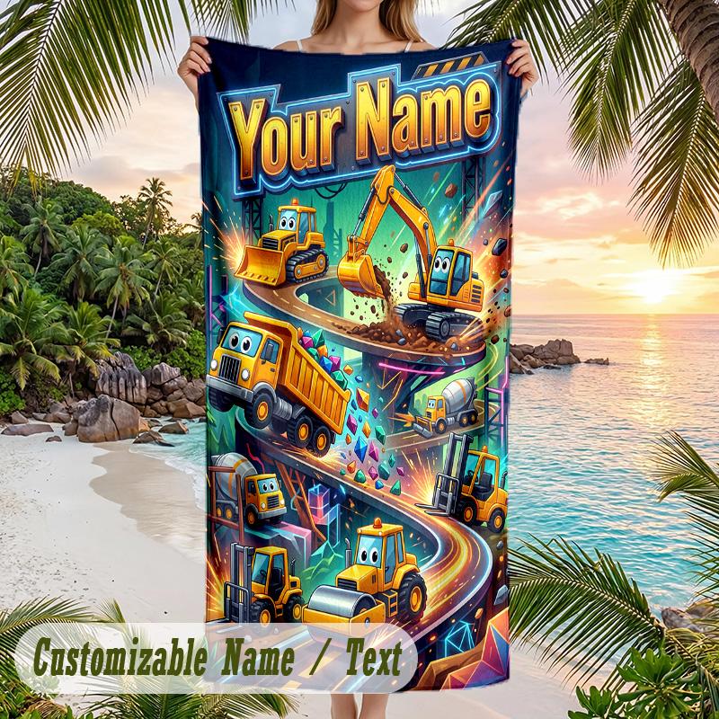 Construction Vehicles Theme Beach Towel Personalized Custom Name & Text Soft Quick Dry Beach Towel for Swimming Travel