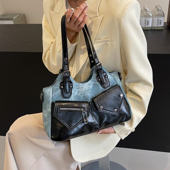 Large capacity shoulder bag, new crossbody bag, spliced women's bag, simple soft leather