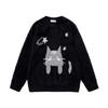 Cozy Cat Print Knit Sweater With Scarf Detail - Soft Nylon Loose Fit Unisex Top