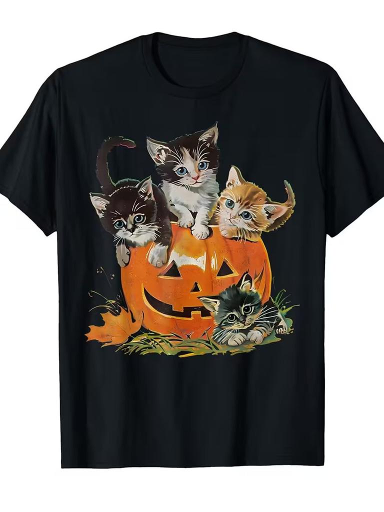 Men'S Vintage 90s Halloween T-Shirt - Black Retro Cat & Pumpkin Graphic Tee - So Unisex T-Shirt