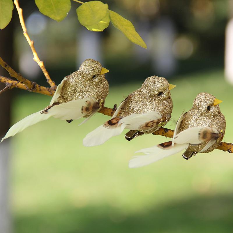 1pcs Simulated small bird with gold powder feathers, green plants, garden greening decoration, artistic bird .