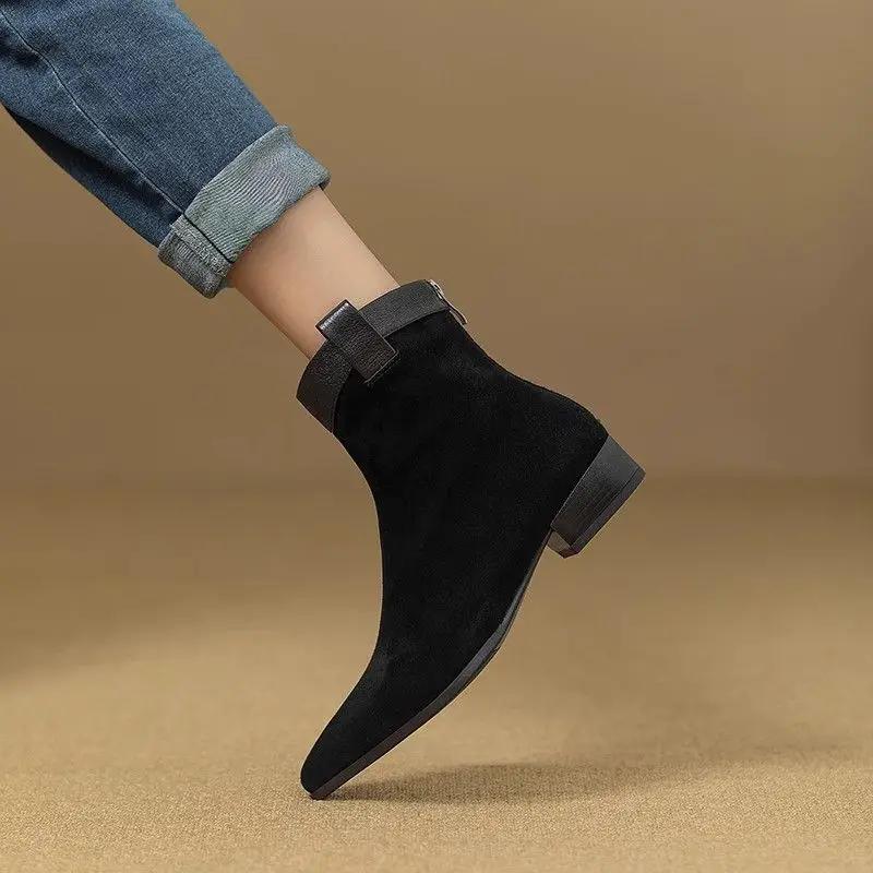 Fashion Ankle Boots for Women Pointed Toe Leather Splicing Suede Booties Chelsea Non Slip Autumn On Offer New Rock In Woman Short Shoes