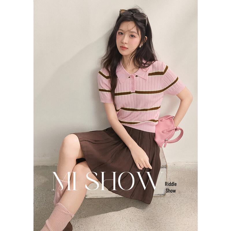 MiXiu Women s Striped Lapel Knit Short Sleeve Top S