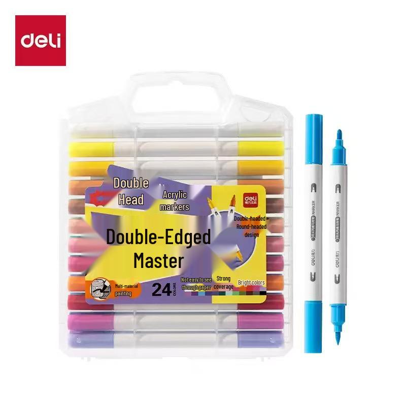 Deli HM129 Dual-Tip Acrylic Marker Pens for Kids & Students: Stackable, Opaque Colors, Ideal for Watercolor Art.