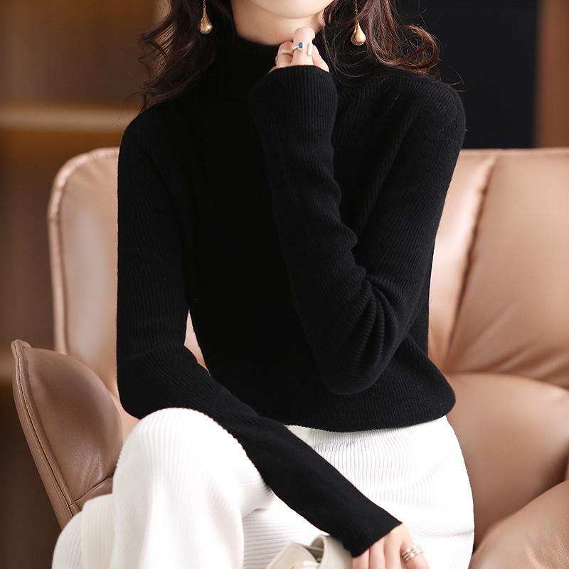 Women's High-Neck Pure Wool Sweater - Autumn/Winter Knitted Style, Stylish Tight-Fit Base Layer