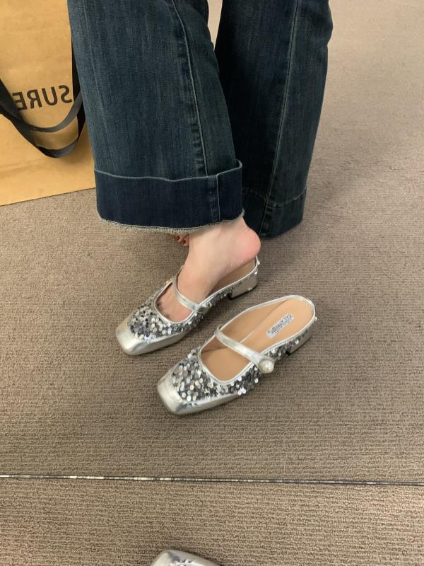 Fashion Square Toe Shoes Woman's Slippers String Bead Slides Block 2025 Cover Bling Scandals Mary Janes Square heel Cover Toe String Bea