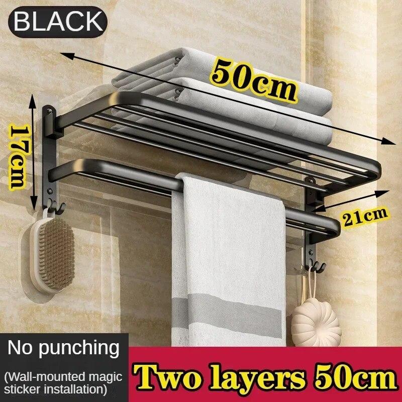 Suport pentru prosoape cu două straturi de 40/50/60 cm, negru, care nu se găuriază, suport mobil, montat pe perete, suport de duș din aluminiu, suport pliabil, accesorii pentru baie