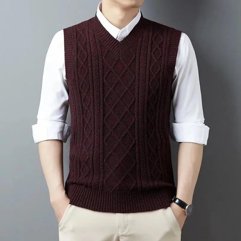Men's Cable Knit Vest V-neck Sleeveless Autumn Business Casual Fashion Warm Knitwear Outerwear