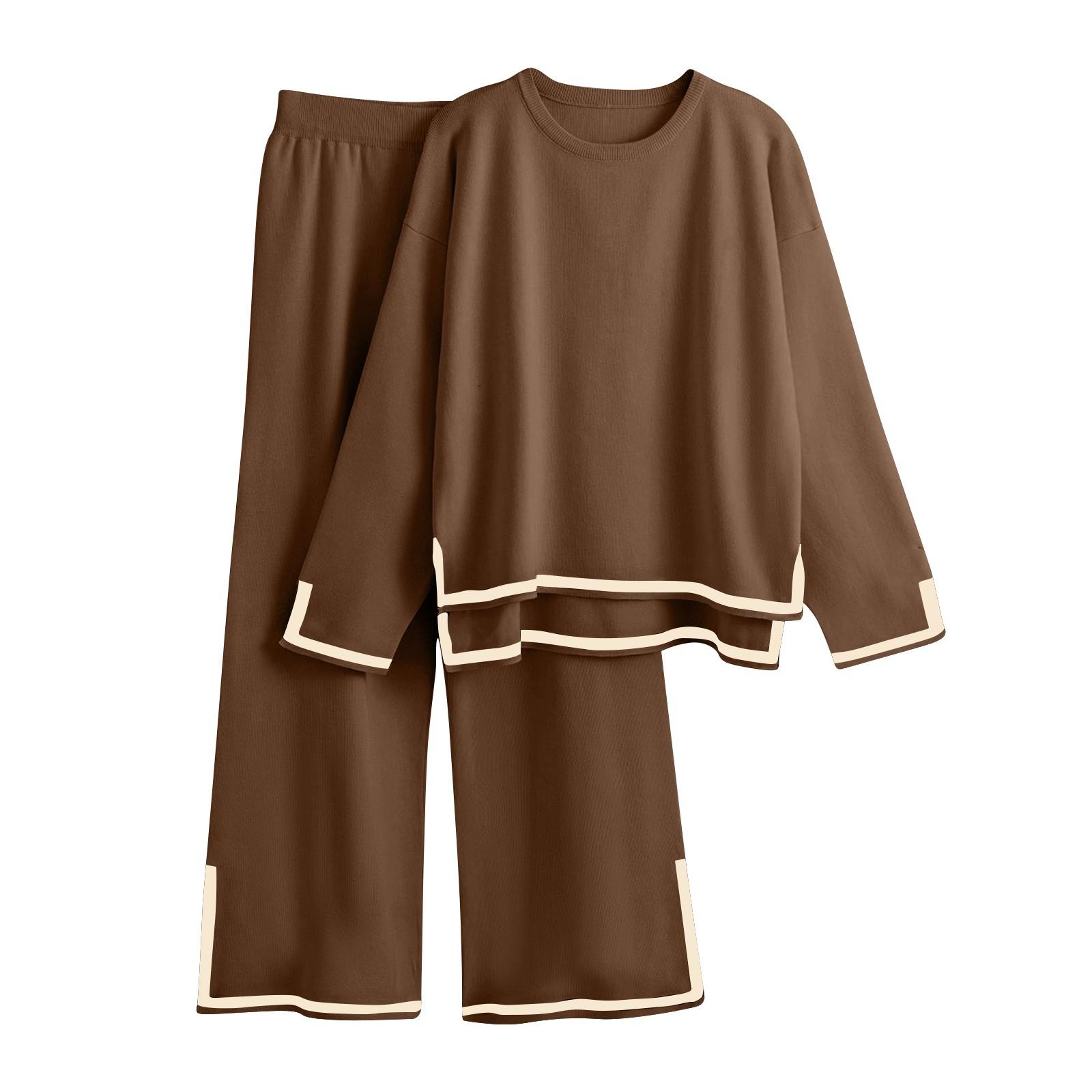 

Женская модная домашняя одежда, вязаный свитер с длинными рукавами и широкими брюками, повседневный комплект XL коричневый