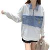 2022 Stylish European & American Street Style Loose Patchwork Denim Polo Hoodie - Women's Fake Two-Piece Top