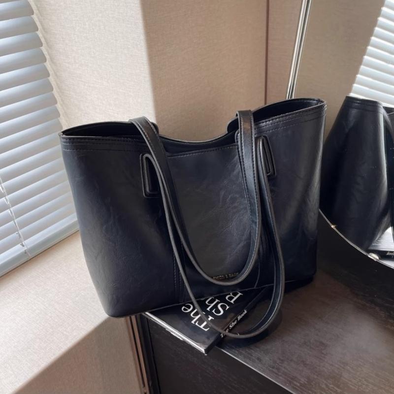 Trendy Soft Faux Leather Large Capacity Tote Bag with Brown Trim Minimalist Design Underarm Bag Spacious Work Shoulder Bag