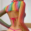 Plus Size Rainbow Festival Fishnet Lingerie Set with Long Sleeves and Open Back