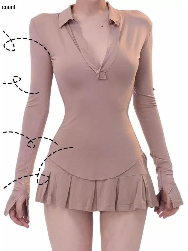 Elegant Deep V-Neck Long-Sleeve Top & High-Waisted Pleated Skort Set
