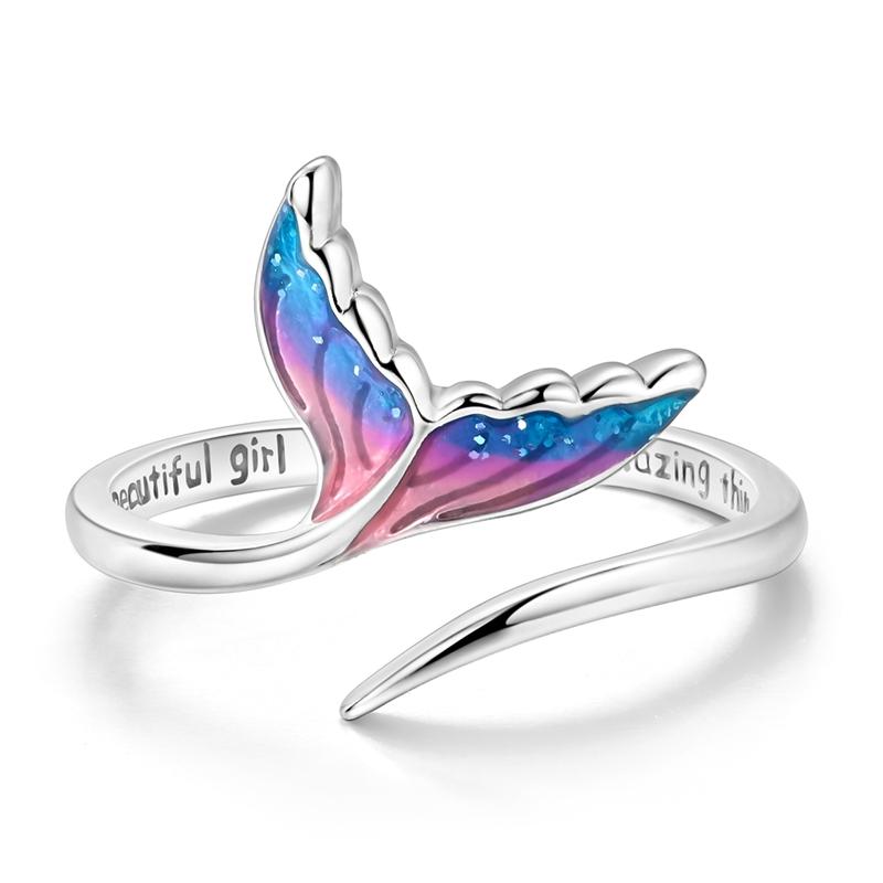 Original 925 Sterling Silver Rings Colorful Glazed Fishtail Open Rings For Women Girls Jewelry Birthday Anniversary Gifts