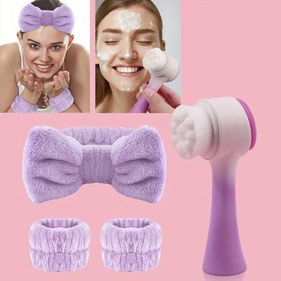 4Pcs Set Silicone Facial Cleansing Set Exfoliating Brush Deep Clean Massage Bow Headband Wristbands Skincare Essentials