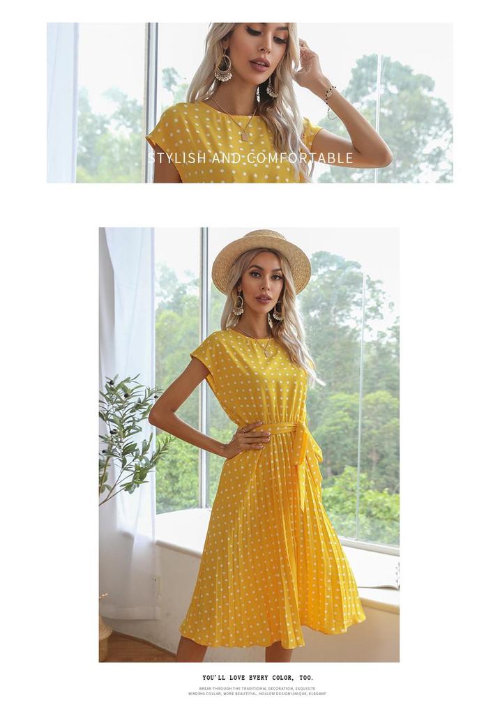 European & American Summer Polka Dot Mid-length Retro Dress with Tie-Up Pleated Short Sleeves