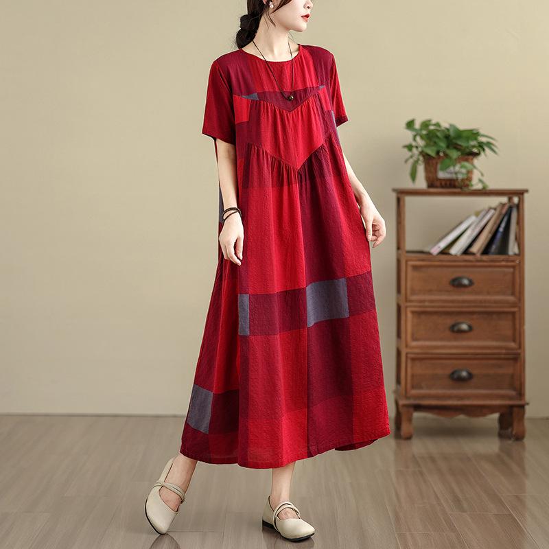 

Summer 2025 Retro Cotton Linen Patchwork Dress - Women s Plus Size, Round Neck, Short Sleeve. One Size