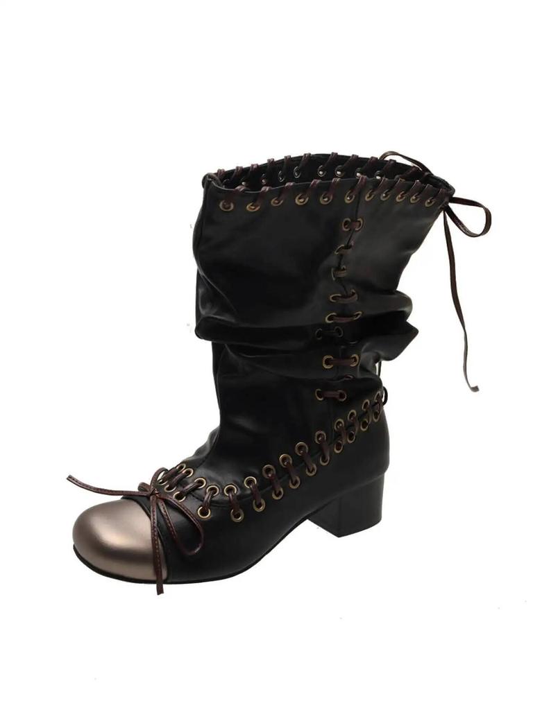 Women Boots Autumn Winter New Push Boots for Women Strappy Martin Boots Chunky Heel Mid Calf Short Boots Stylish Biker