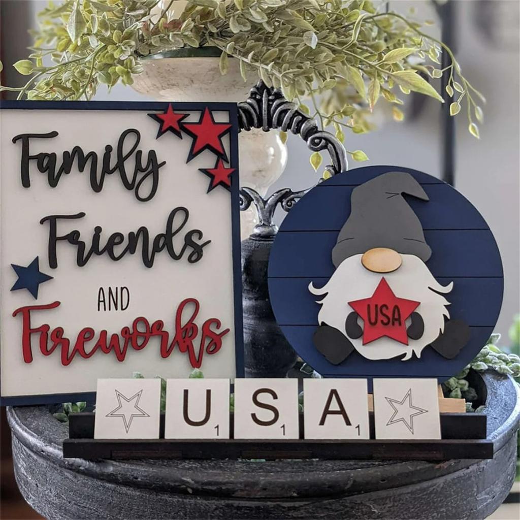 8 Pcs Patriotic Tiered Tray Decor Bundle Wood Signs Independence Day Signs American Star Decor Veterans Day Red White Blue Decorations For Inde