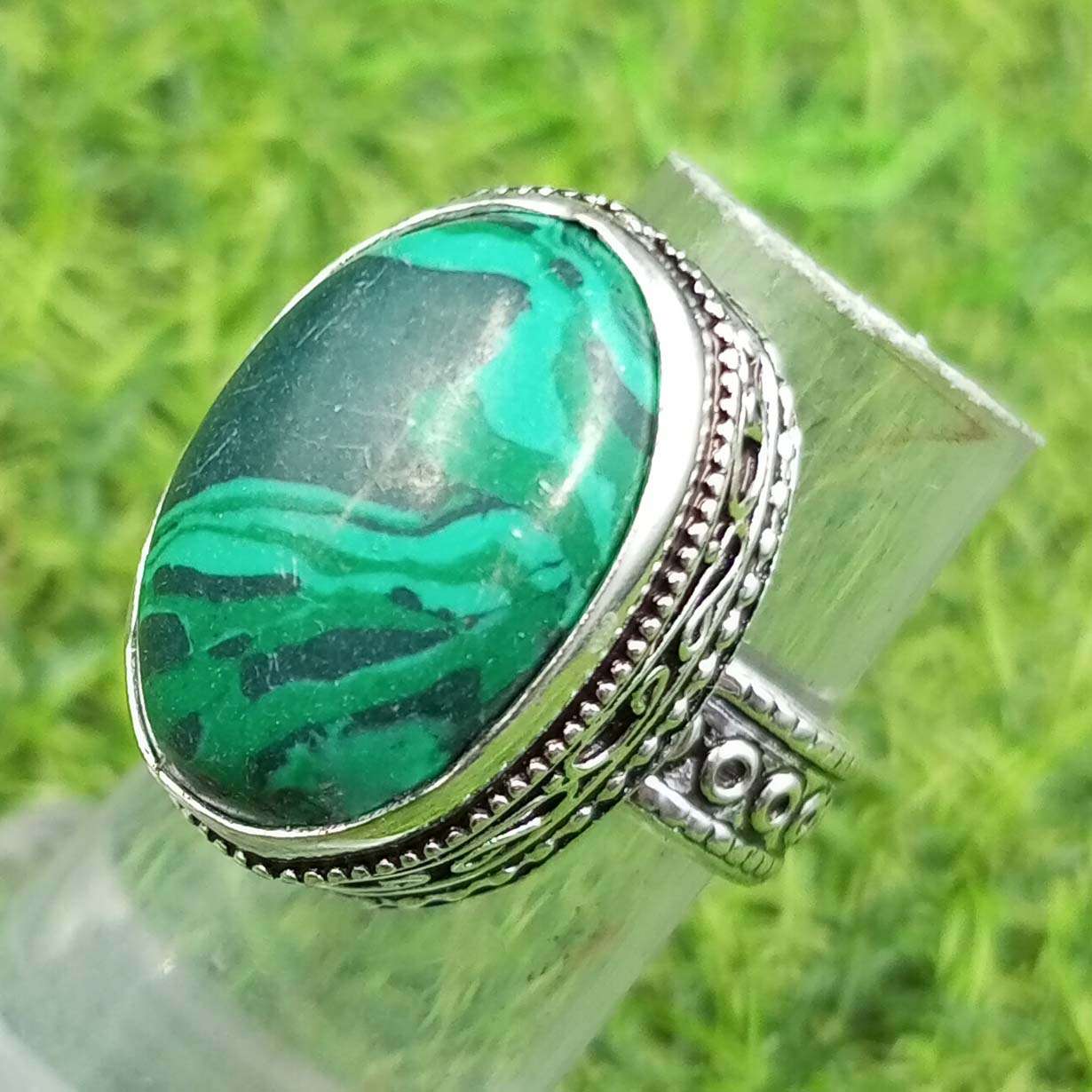 

Малахитовый драгоценный камень 925 пробы посеребренный антикварное винтажное кольцо US SZ 7 Jewelry AVRF131