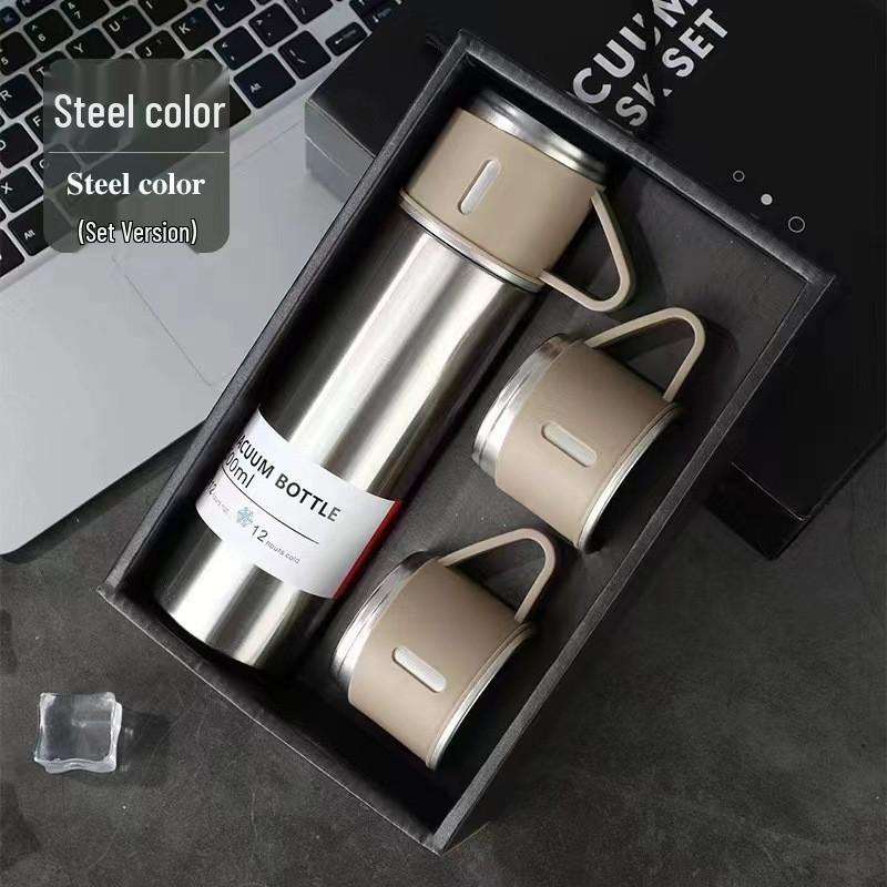 Portable Stainless Steel Thermos Cup Set with Three Lids, Laser-Engraved Logo, Ideal for Business Events