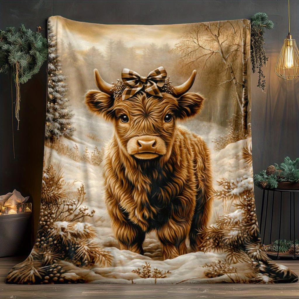 Highland Cow Winter Scene Flannel Blanket | Soft Warm All-Season Farmhouse Decor & Multi-Occasion Gift