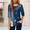Women Plus Size Round Neck Three Quarter Sleeve Printed T Shirt Red Navy Silver Star Pattern Curved Hem