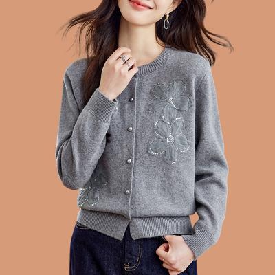 Women's Autumn Winter New Lace Flower Sequin Beaded Crew Neck Knit Cardigan Outerwear Sweater Coat Top