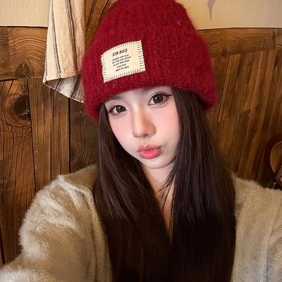 Koreanischer Stil Lässige Englische Stoffetikett Lange Kamelhaar Strickmütze Herbst und Winter Warme Wollmütze Kuppel Ohrenschützer Mütze