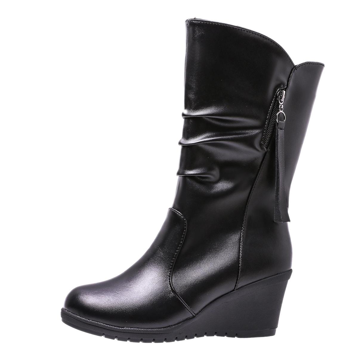 

Модные туфли на плоской подошве для женщин на танкетке, высокие сапоги на высоком каблуке, кожаные туфли для женщин 2024 года, повседневная обувь в готическом стиле средней длины для женщин, модные туфли Chelsea Botas Mujer 42 чёрный