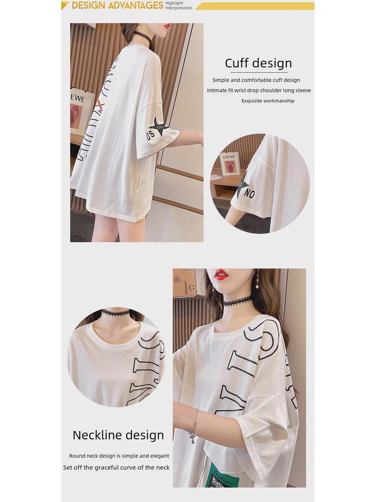 2023 Summer Korean Patchwork Pocket Letter Print Loose Short-Sleeve T-shirt for Women