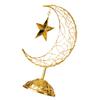 Eid Mubarak Ramadans Handheld Moon and Star Metal Hollowed Ornament Decors with Base for Muslims Islamic Party Supplies