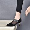 Fashion 2024 New Summer Pointed Toe Elegant Women Dress Shoes Black Lace Rhinestone Slip-on Mesh Sandals Medium Heel Zipper Ladies Pumps
