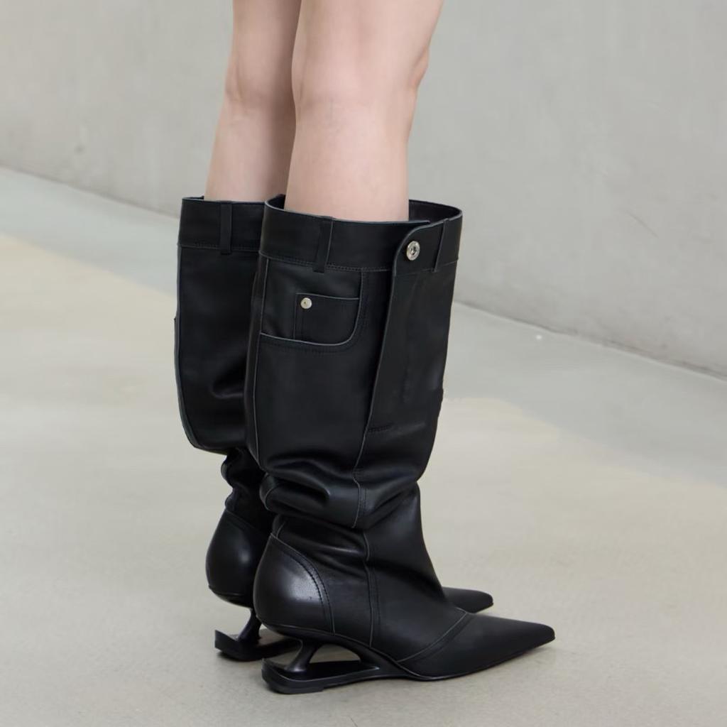 Pointed Special-Shaped Heel Pants Boots, Summer Wide Tube Stacking Boots, Thin High-Heeled Boots