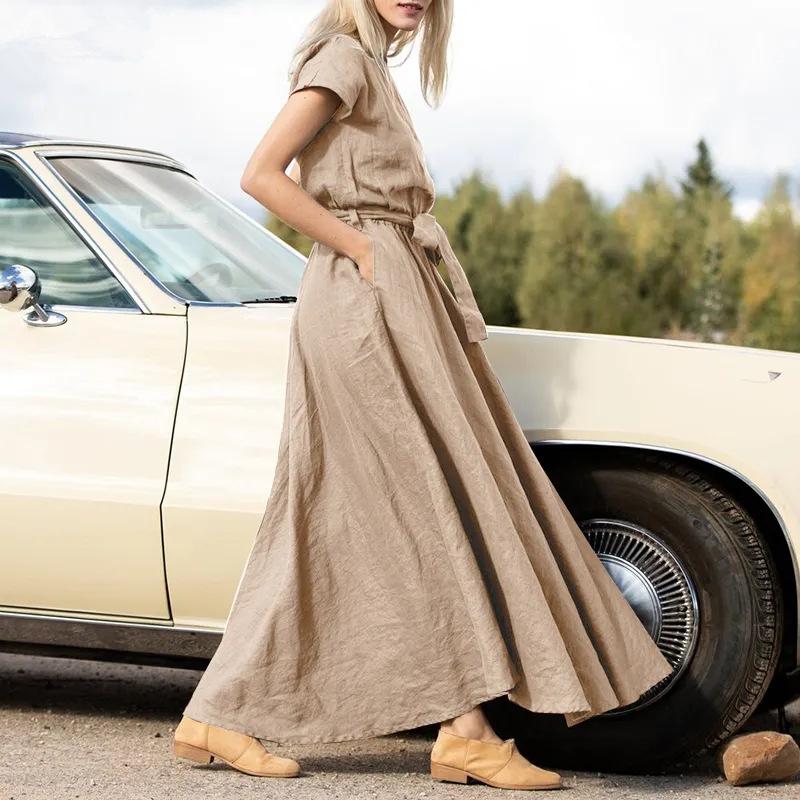 YYFS Women's Fashion Summer Spring Solid Color Print Short Sleeve O-Neck High Waist Casual Dresses