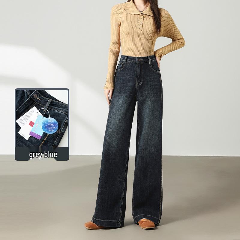

Blue-Gray High Waist Elastic Wide-Leg Pants with Contrast Stitching and Embroidered Details for Women - Slimming Autumn Trousers XL сине серый