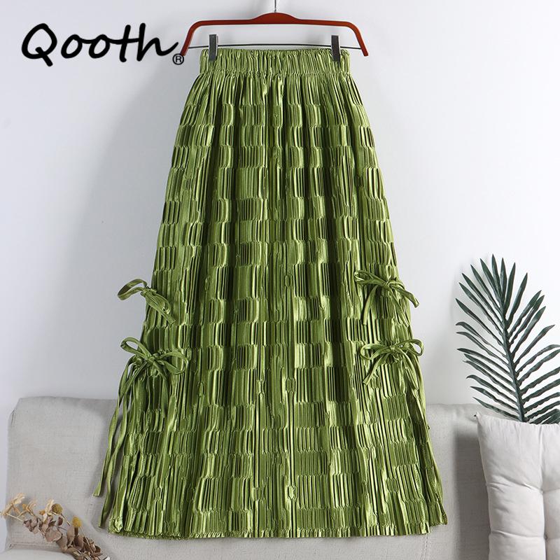 

Qooth женская винтажная плиссированная юбка трапециевидной формы с завязками, элегантная миди-юбка с эластичной резинкой на талии на весну и лето QT2164