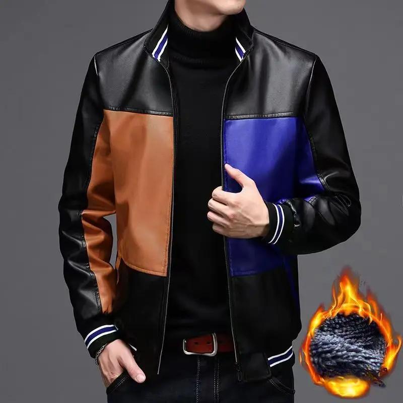 

Зимние мужские куртки из искусственной кожи Зимняя куртка из искусственного меха, утолщенное теплое пальто с отложным воротником, мужская стеганая кожаная куртка 4XL