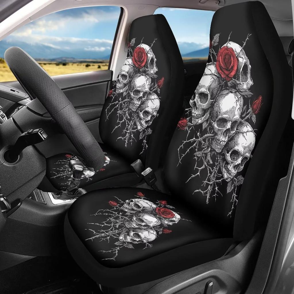 Bulopur Cute Black Gray Skull Set of 2 Car Seat Covers Universal Auto Front Seats Protector Fits for Car,SUV Sedan,Truck