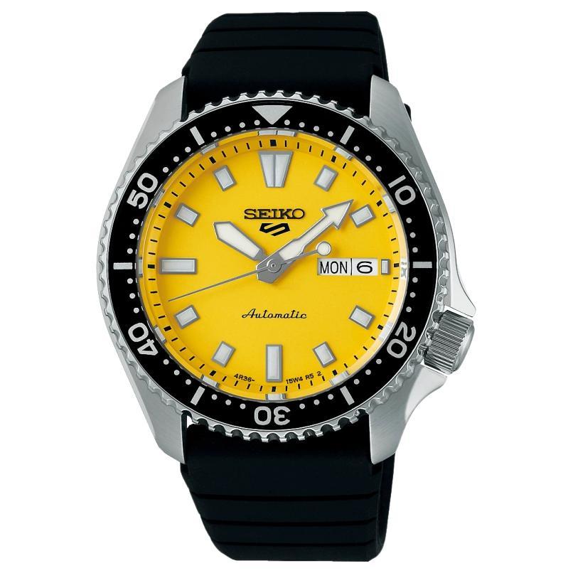 

SEIKO Size 5 Sports 100m Water Resistant Automatic Mechanical Movement Silicone Strap Watch 46mm SRPL87 Yellow Watch Dial