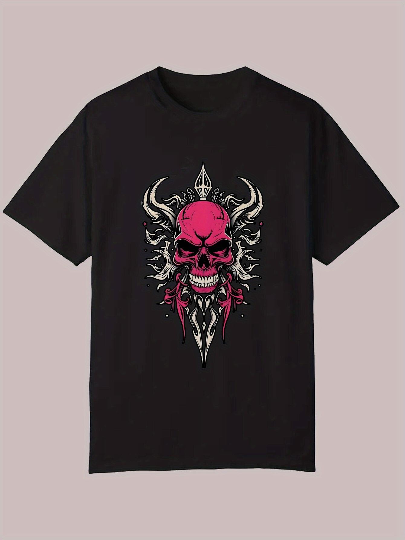 Graphic Print Casual T-shirt - Black Edgy Skull & Wings Design XXL