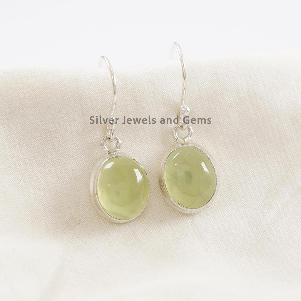 Oval Prehnite Earring, 925 Sterling Silver Dangle Earring, Natural Gemstone Earrings, Birthday Earring