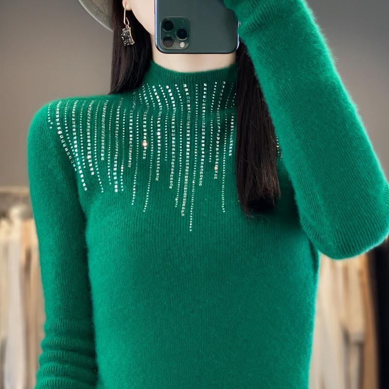 Women's Half Turtleneck Sweater, Qinghe Cashmere, 30% Cashmere 70% Wool, Diamond-studded Winter Knitted Pullover Autumn Sweater Cashmere Sweater