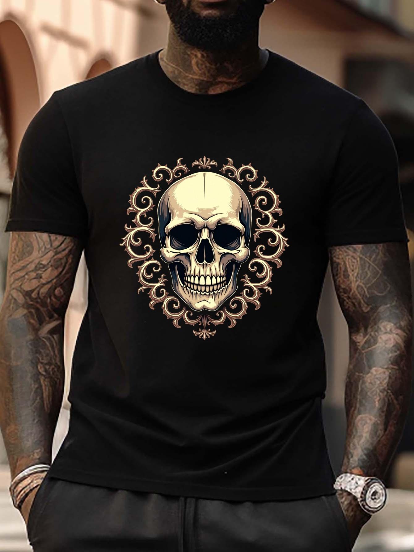 

Gothic Stylized Skull with Geometric Patterns & Intricate Detailing Plus Size T-shirt - Black & Golden Graphic XXL