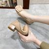 Shallow single shoes women's spring first layer cowhide elastic square head bow one pedal low heel simple