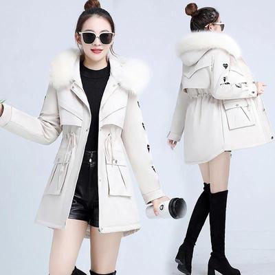 Damen Winter Gepolsterter und Verdickter Warmer Parka Mittellang Kapuze Einfach Taillierte Jacke