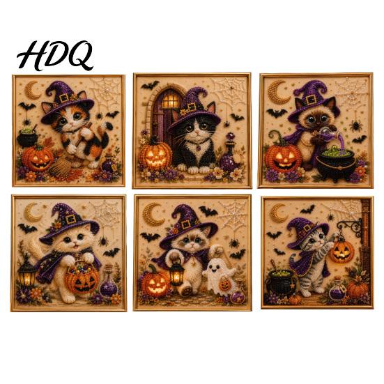 Easy Bead Puzzles for Beginners Halloween Witch Hat Cat DIY 3D Pearl Painting Kit with Frame Hand-Pasted Art Craft Adults Relaxing Decorative